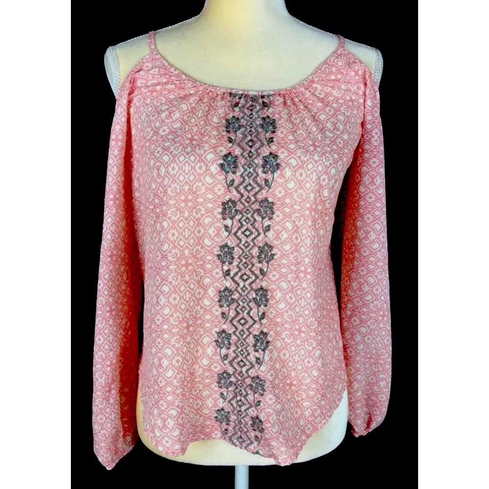 Rewind Juniors Sz L Pink/Ivory Off The Shoulder Long Sleeve Aztec Top Blouse